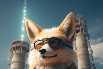 Een vos in een oranje pak staat voor een radioactieve elektriciteitscentrale.