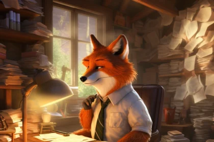 Een vos zit aan een bureau met veel papieren.