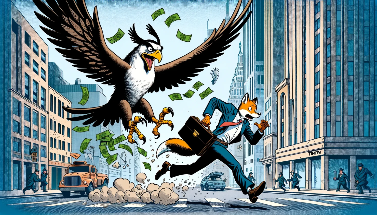 Illustratie in stripstijl van een arend in een pak die een vos in pak achtervolgt door de straten van New York City, terwijl geld uit de aktetas van de vos waait