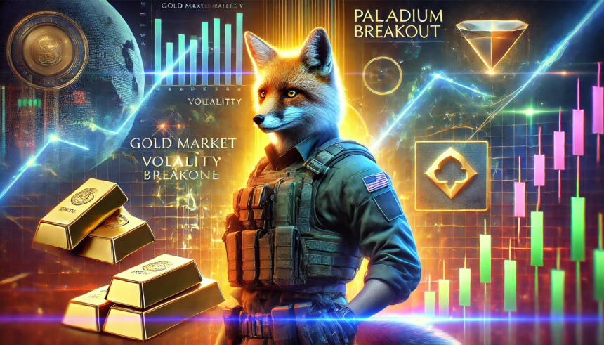 Dall·e 2025 02 09 23.43.27 A Cinematic Depiction Of A Smart And Heroic Fox As The Action Star Of An Article About Gold Market Volatility, Palladium Breakout, And European Market