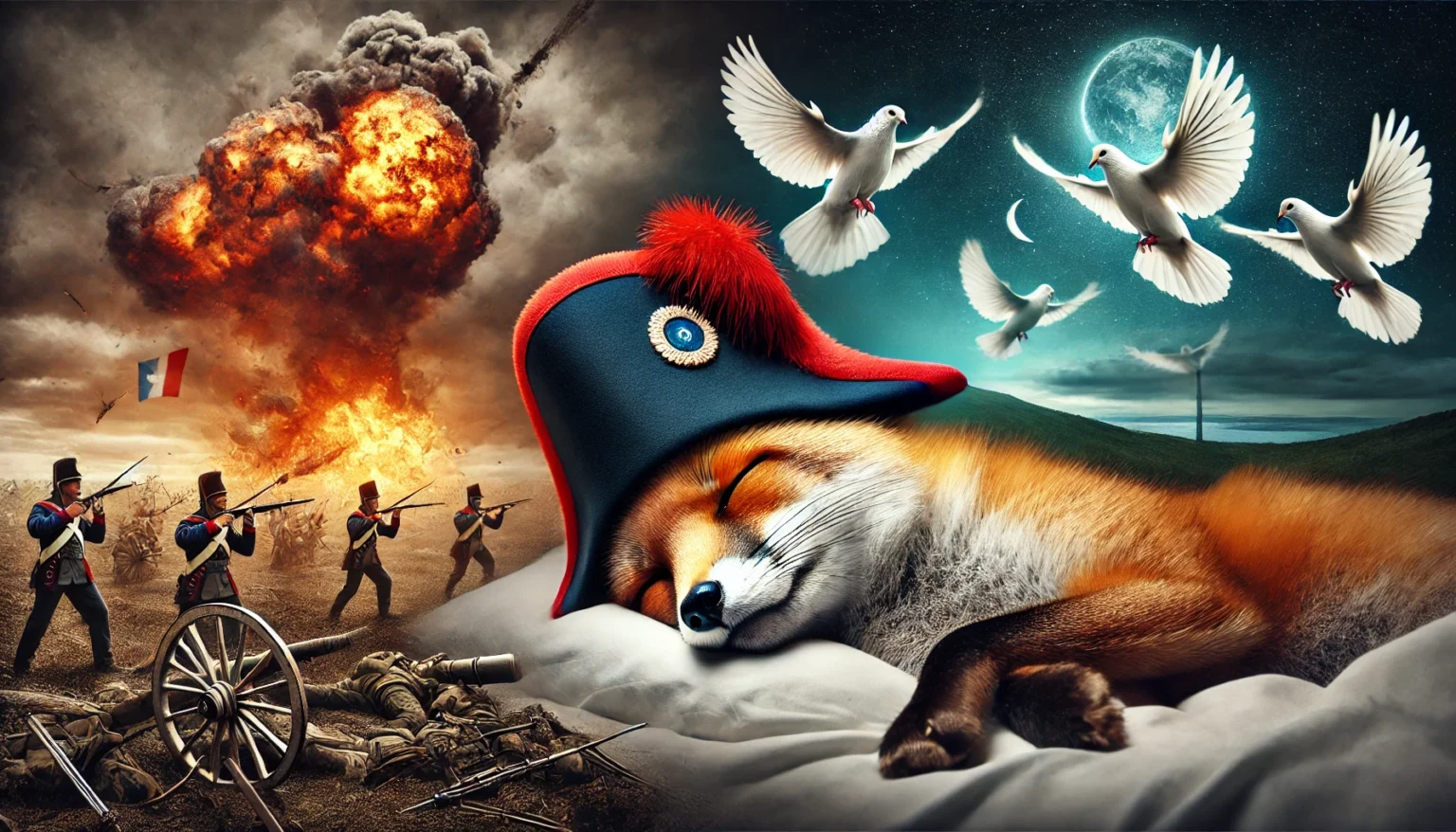 Dall·e 2025 02 17 00.41.55 A Highly Intelligent Fox Wearing A Napoleon Hat Is Sleeping Peacefully, But In His Dream, He Is Caught Between War And Peace On A Battlefield. One Sid