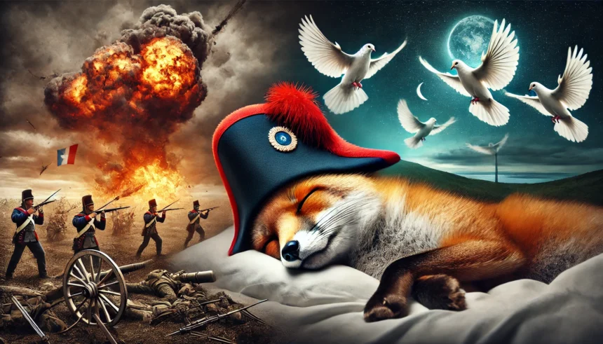 Dall·e 2025 02 17 00.41.55 A Highly Intelligent Fox Wearing A Napoleon Hat Is Sleeping Peacefully, But In His Dream, He Is Caught Between War And Peace On A Battlefield. One Sid