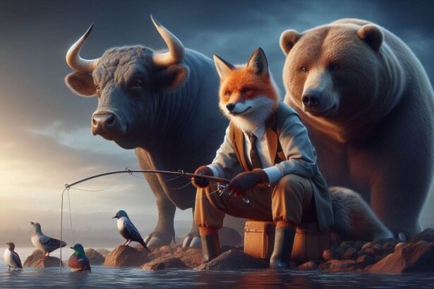 An Image Of A Smart Fox Who Is Fishing With His Best Friends A Bull And A Bear. Cinematic. Aspect