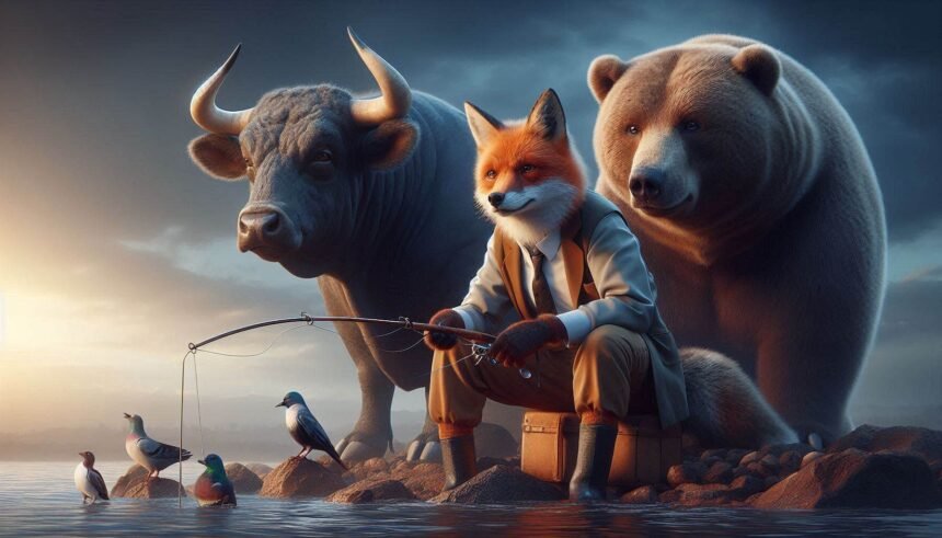 An Image Of A Smart Fox Who Is Fishing With His Best Friends A Bull And A Bear. Cinematic. Aspect