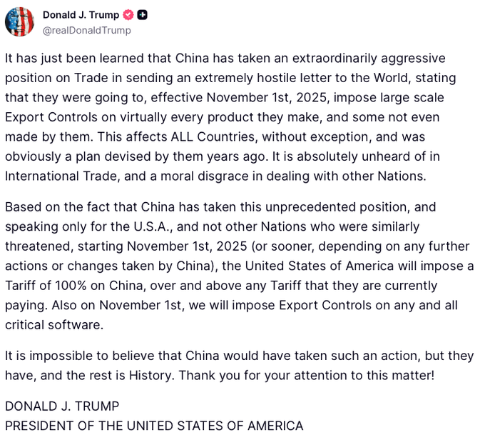 Trump op vrijdag 10/10/25 tweet china