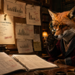 Een vos in een fluwelen mantel zit aan een bureau met een vergrootglas in de hand, omringd door financiële grafieken en open boeken in een studeerkamer vol papieren en boekenplanken.