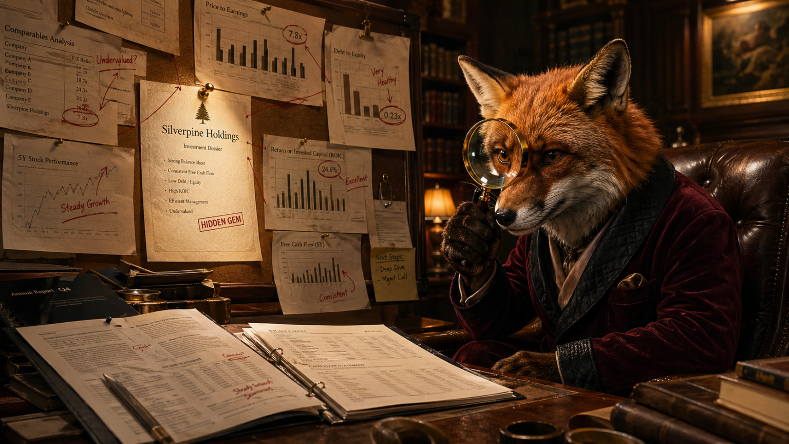 Een vos in een fluwelen mantel zit aan een bureau met een vergrootglas in de hand, omringd door financiële grafieken en open boeken in een studeerkamer vol papieren en boekenplanken.