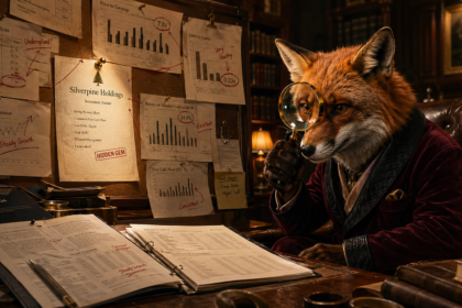 Een vos in een fluwelen mantel zit aan een bureau met een vergrootglas in de hand, omringd door financiële grafieken en open boeken in een studeerkamer vol papieren en boekenplanken.