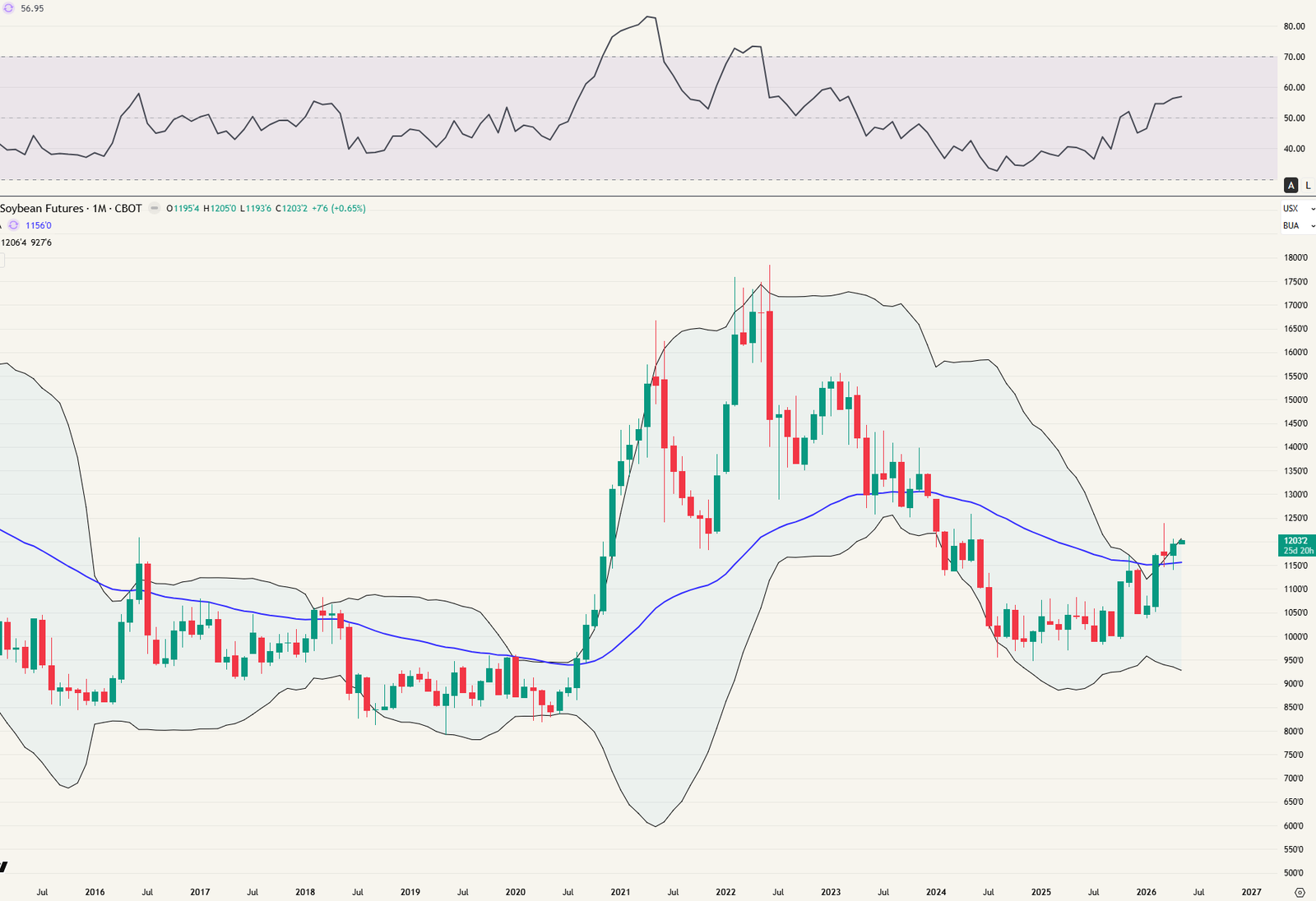 Soybean futures maandgrafiek