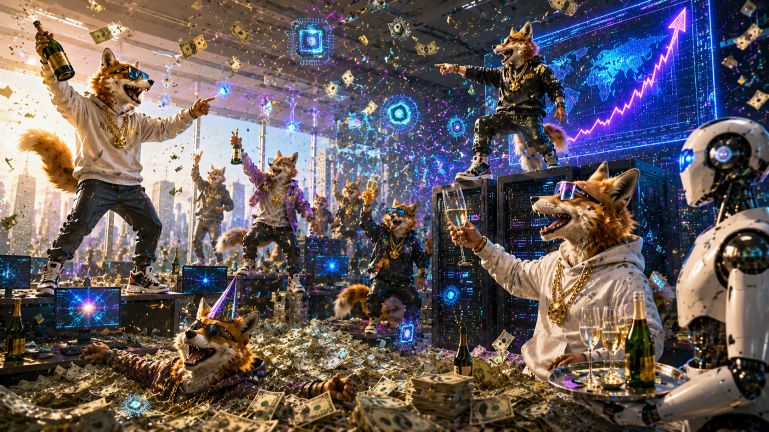 Verschillende antropomorfe honden in hoodies en zonnebrillen vieren feest met champagne en geld in een hightech kamer, terwijl een robot - die de AI-bubbel symboliseert - in de buurt staat en digitale kaarten oplichten op de achtergrond.