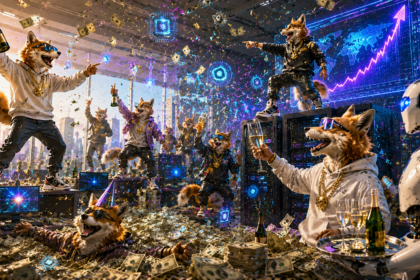 Verschillende antropomorfe honden in hoodies en zonnebrillen vieren feest met champagne en geld in een hightech kamer, terwijl een robot - die de AI-bubbel symboliseert - in de buurt staat en digitale kaarten oplichten op de achtergrond.