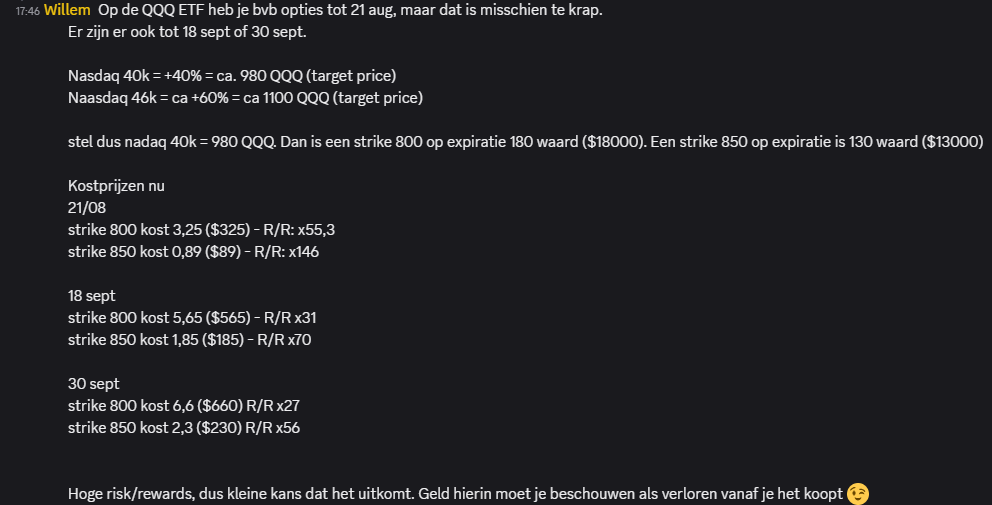 QQQ ETF-opties: Nasdaq 40k=+40%=980 QQQ, 46k=+60%=1100 QQQ. Kosten en R/R voor 800/850 strikes op 21 aug, 18 sept, 30 sept.