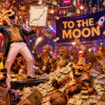 Antropomorfe wolven in pakken vieren feest in een nachtclub met confetti, geld en een "TO THE MOON"-banner; één wolf houdt een beurskaart en champagne vast, waarmee ze hun beursoverzicht voor april 2026 markeren.