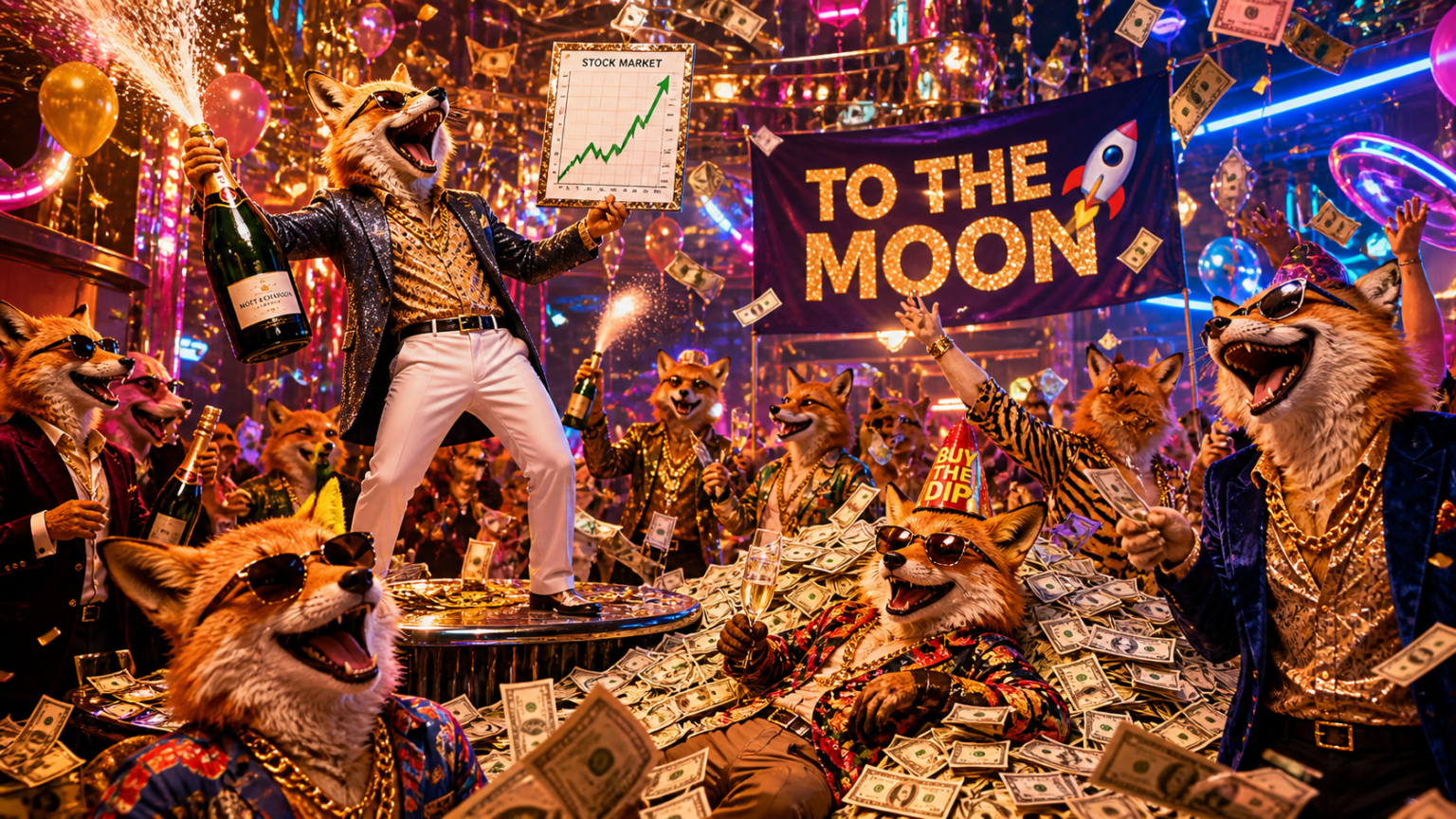 Antropomorfe wolven in pakken vieren feest in een nachtclub met confetti, geld en een "TO THE MOON"-banner; één wolf houdt een beurskaart en champagne vast, waarmee ze hun beursoverzicht voor april 2026 markeren.