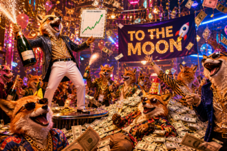 Antropomorfe wolven in pakken vieren feest in een nachtclub met confetti, geld en een "TO THE MOON"-banner; één wolf houdt een beurskaart en champagne vast, waarmee ze hun beursoverzicht voor april 2026 markeren.
