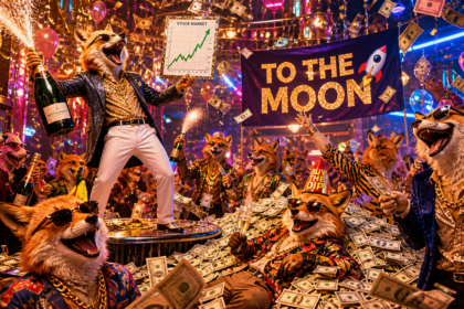 Antropomorfe wolven in pakken vieren feest in een nachtclub met confetti, geld en een "TO THE MOON"-banner; één wolf houdt een beurskaart en champagne vast, waarmee ze hun beursoverzicht voor april 2026 markeren.