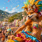 Een artiest in een kleurrijk kostuum, verkleed als een antropomorfe vos, leidt een bruisende parade met dansers in prachtige kostuums en confetti in een feestelijke buitenomgeving, ter ere van de geest van Sudamérica en Viva Colombia.