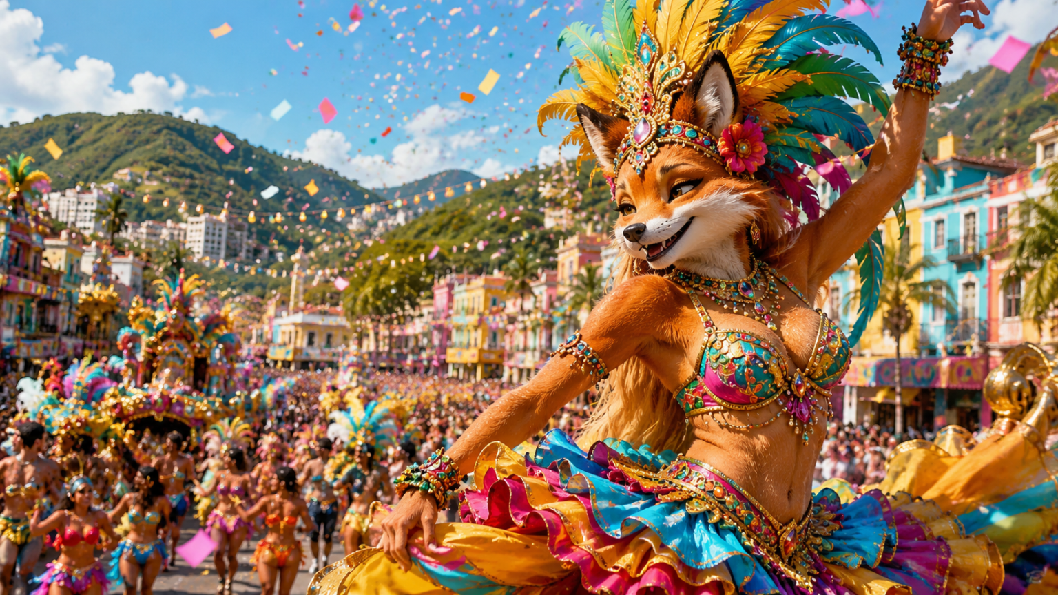 Een artiest in een kleurrijk kostuum, verkleed als een antropomorfe vos, leidt een bruisende parade met dansers in prachtige kostuums en confetti in een feestelijke buitenomgeving, ter ere van de geest van Sudamérica en Viva Colombia.