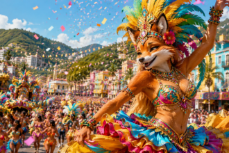 Een artiest in een kleurrijk kostuum, verkleed als een antropomorfe vos, leidt een bruisende parade met dansers in prachtige kostuums en confetti in een feestelijke buitenomgeving, ter ere van de geest van Sudamérica en Viva Colombia.
