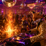 Een groep dieren in formele kleding danst in een onder hoogspanning staande nachtclub, met een vuur in het midden, discoballen in de lucht en een vos met een koptelefoon op die DJ is aan de draaitafels.