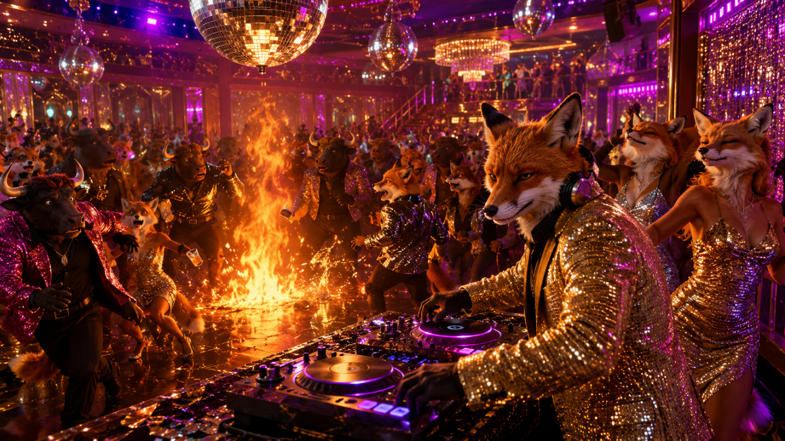 Een groep dieren in formele kleding danst in een onder hoogspanning staande nachtclub, met een vuur in het midden, discoballen in de lucht en een vos met een koptelefoon op die DJ is aan de draaitafels.