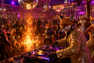 Een groep dieren in formele kleding danst in een onder hoogspanning staande nachtclub, met een vuur in het midden, discoballen in de lucht en een vos met een koptelefoon op die DJ is aan de draaitafels.