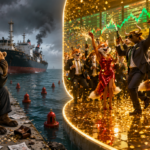 Een beer in pak zit neerslachtig bij een dalende beursgrafiek bij een schip, terwijl stieren en vossen feestvieren op de dansvloer onder een stijgende beursgrafiek - een artistieke kijk op het beursoverzicht voor mei 2026.