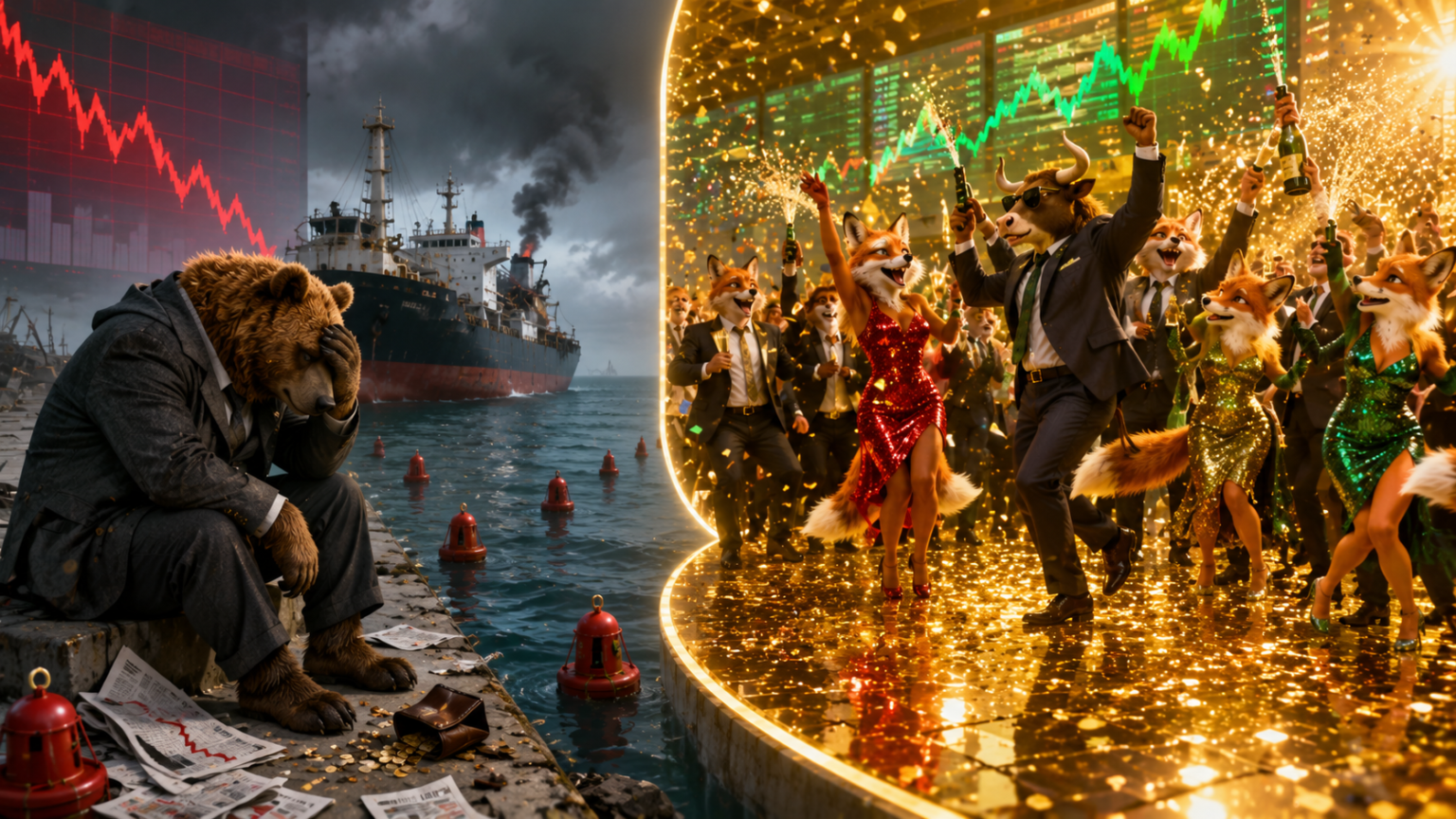 Een beer in pak zit neerslachtig bij een dalende beursgrafiek bij een schip, terwijl stieren en vossen feestvieren op de dansvloer onder een stijgende beursgrafiek - een artistieke kijk op het beursoverzicht voor mei 2026.