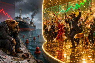 Een beer in pak zit neerslachtig bij een dalende beursgrafiek bij een schip, terwijl stieren en vossen feestvieren op de dansvloer onder een stijgende beursgrafiek - een artistieke kijk op het beursoverzicht voor mei 2026.