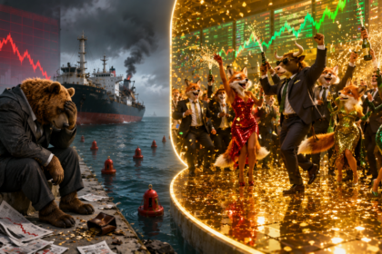 Een beer in pak zit neerslachtig bij een dalende beursgrafiek bij een schip, terwijl stieren en vossen feestvieren op de dansvloer onder een stijgende beursgrafiek - een artistieke kijk op het beursoverzicht voor mei 2026.