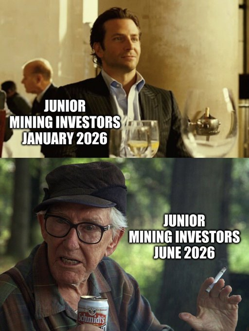Twee afbeeldingen: op de bovenste is een keurig geklede man te zien met het bijschrift „Junior Mining Investors januari 2026”. Op de onderste is een oudere man in vrijetijdskleding te zien met het bijschrift „Junior Mining Investors juni 2026”.