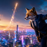 Een mensachtige vos in een pak staat op een glazen balkon met uitzicht op een futuristische stad bij zonsondergang, terwijl digitale lichtjes fonkelen en een raket wordt gelanceerd – een beeld dat de euforische sfeer van 2026 in het tijdperk van de AI-zeepbel perfect weergeeft.