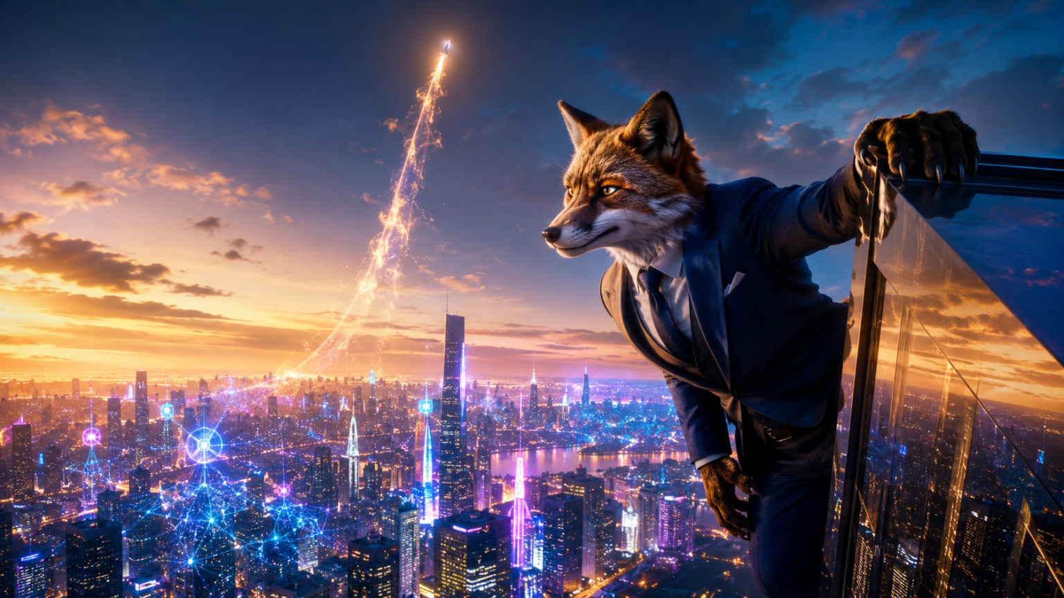 Een mensachtige vos in een pak staat op een glazen balkon met uitzicht op een futuristische stad bij zonsondergang, terwijl digitale lichtjes fonkelen en een raket wordt gelanceerd – een beeld dat de euforische sfeer van 2026 in het tijdperk van de AI-zeepbel perfect weergeeft.