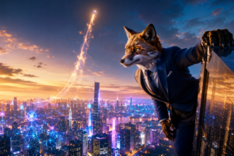 Een mensachtige vos in een pak staat op een glazen balkon met uitzicht op een futuristische stad bij zonsondergang, terwijl digitale lichtjes fonkelen en een raket wordt gelanceerd – een beeld dat de euforische sfeer van 2026 in het tijdperk van de AI-zeepbel perfect weergeeft.