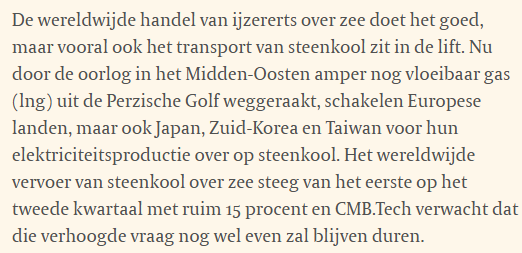 Nederlandse tekst waarin wordt ingegaan op de toegenomen wereldwijde handel in steenkool over zee als gevolg van het conflict in het Midden-Oosten, dat de gasvoorziening beperkt, waardoor regio’s als Europa en Azië hun steenkoolgebruik voor elektriciteitsopwekking opvoeren.