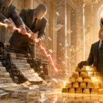 Een figuur met een vossenkop in pak staat naast goudstaven, terwijl gezichtsloze figuren in pak geld drukken; een rode grafiekpijl wijst naar beneden te midden van een sierlijke zaal, waarmee de onzekerheid wordt weergegeven die vaak kenmerkend is voor het beursoverzicht, terwijl markt- en overheidsfactoren stilletjes het toneel bepalen.