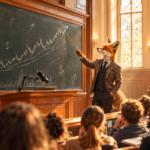 Een vos in pak wijst naar stijgende grafieken en dollartekens op een schoolbord en brengt de klas op de hoogte van belangrijke beleggingsthema’s.