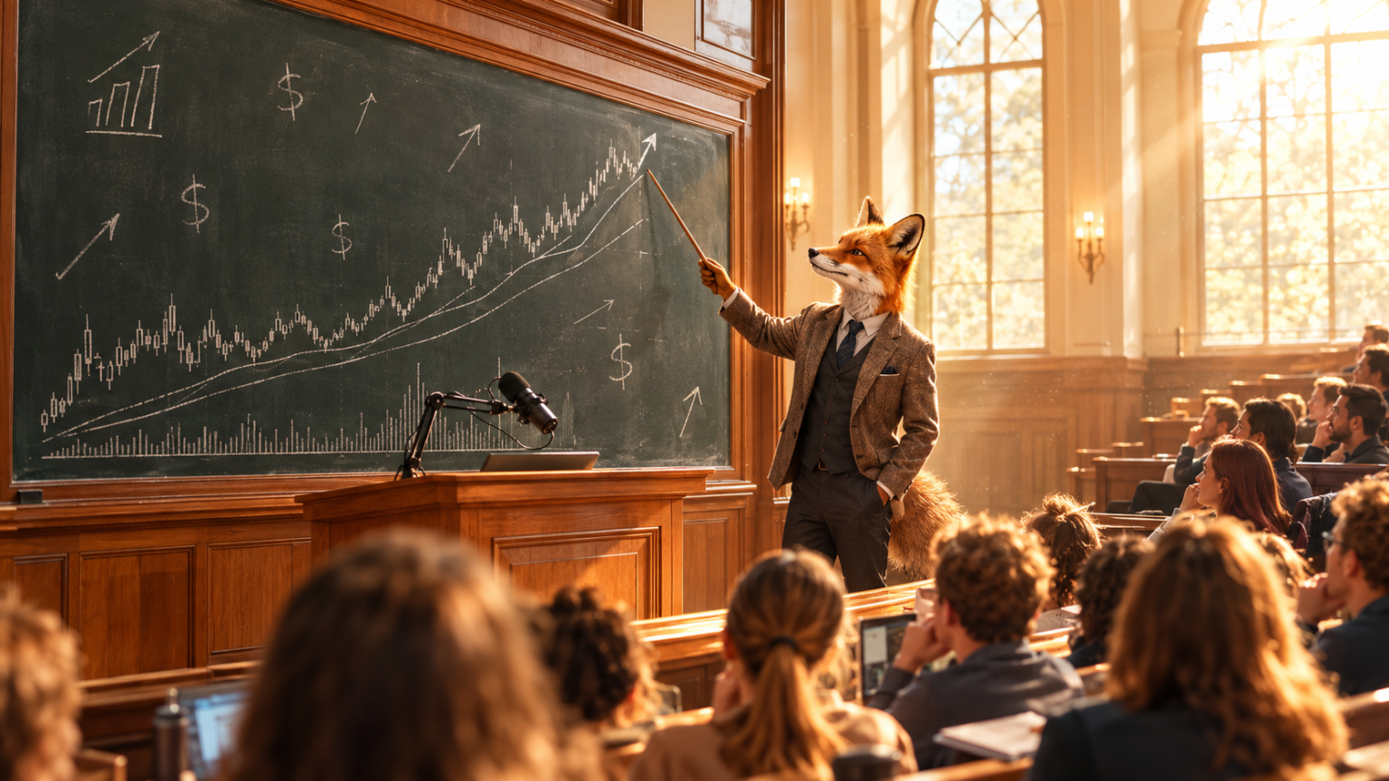 Een vos in pak wijst naar stijgende grafieken en dollartekens op een schoolbord en brengt de klas op de hoogte van belangrijke beleggingsthema’s.