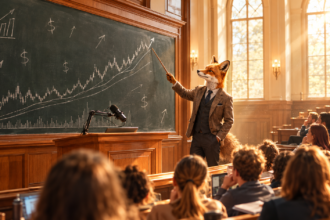 Een vos in pak wijst naar stijgende grafieken en dollartekens op een schoolbord en brengt de klas op de hoogte van belangrijke beleggingsthema’s.