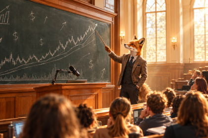 Een vos in pak wijst naar stijgende grafieken en dollartekens op een schoolbord en brengt de klas op de hoogte van belangrijke beleggingsthema’s.